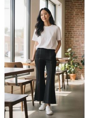 Anthropologie Black Essential Crop Flare Contrast Stitch-Detail Pants